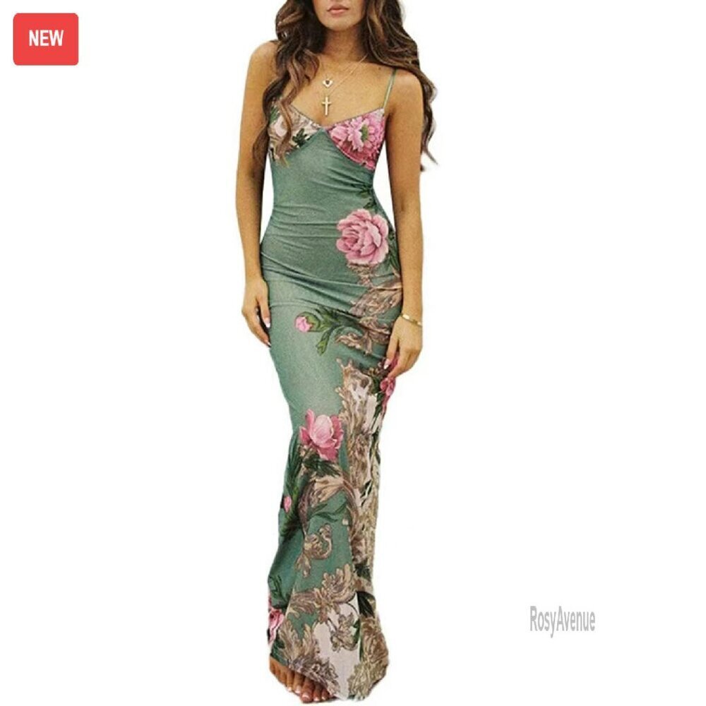 Vintage Spaghetti Strap Maxi Dress Satin Slip Backless Bodycon Formal